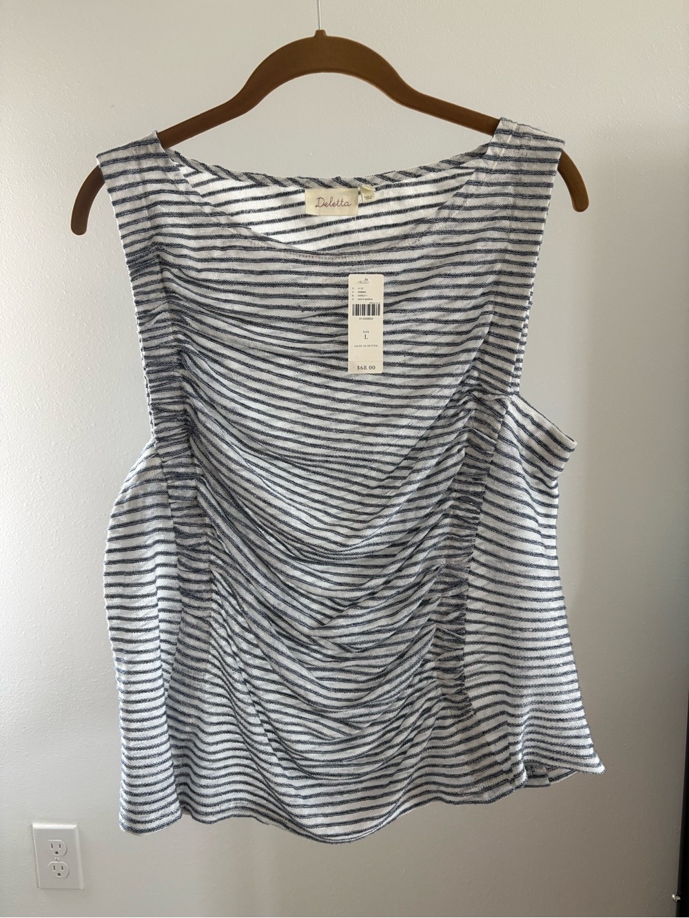 Anthropologie Asymmetrical Navy Blue & White Ruched Striped Tank, NWT Size L